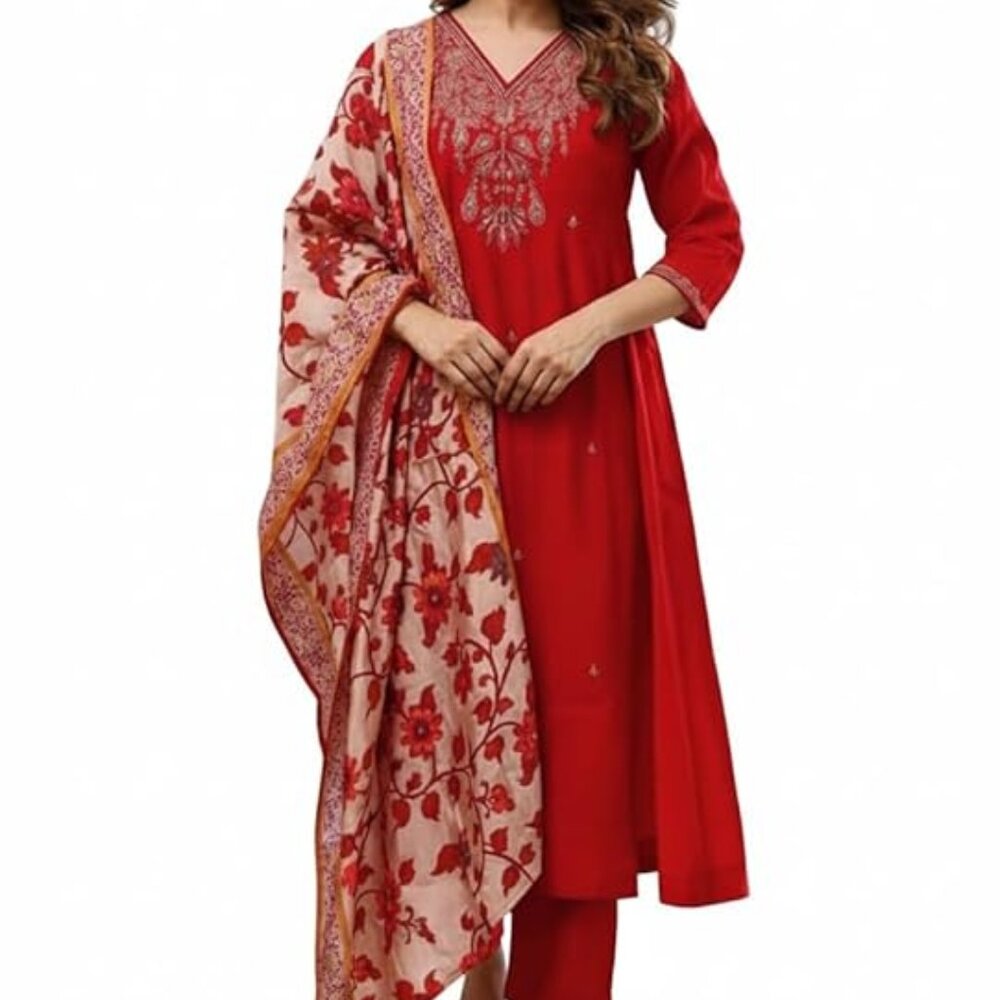 Women Embroidery Straight Kurta and Pant Set with Dupataa